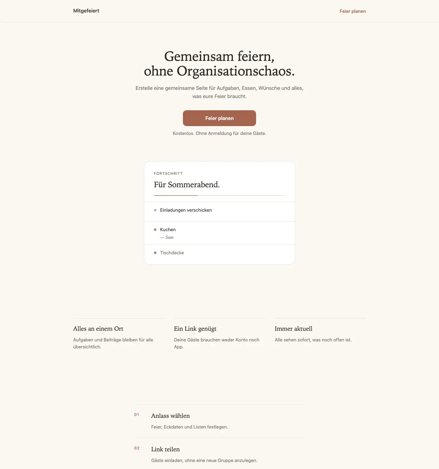 Startseite von Mitgefeiert mit Feierplanung auf Desktop und Smartphone