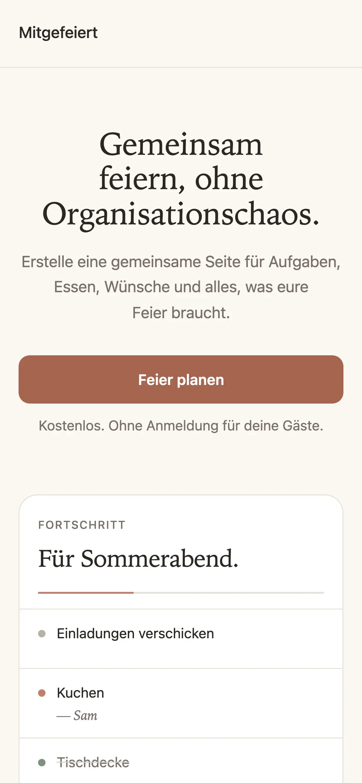 Startseite von Mitgefeiert mit Feierplanung auf Desktop und Smartphone